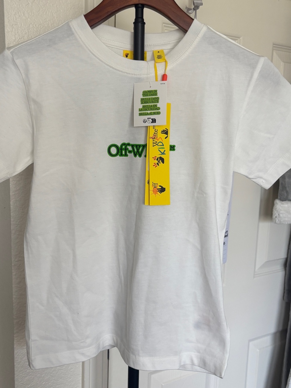 Off-White Kids White Short Sleeve Tee with Green Logo and Yellow Tag